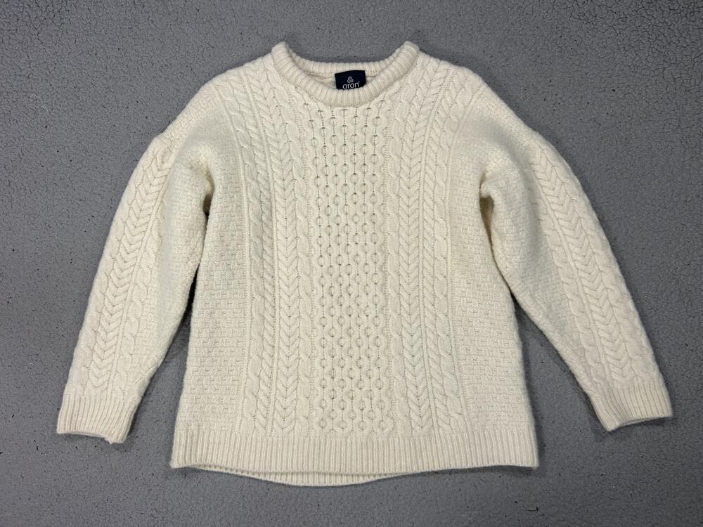 Aran Woollen Mills Sweater Womens Medium White Merino Wool Cable Knit Fisherman